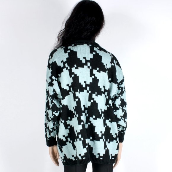 OS Vintage 90s Stefano Teal Black Oversize Houndstooth Sweater New Wave 80s - Picture 5 of 9